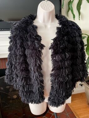 Anthropologie Black Eyelash Fringe “Fur” Cape Jacket One Size